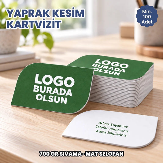 Yaprak kesim kartvizit: logonuzun ve bilgilerinizin basılacağı alanları gösteren kapak görseli