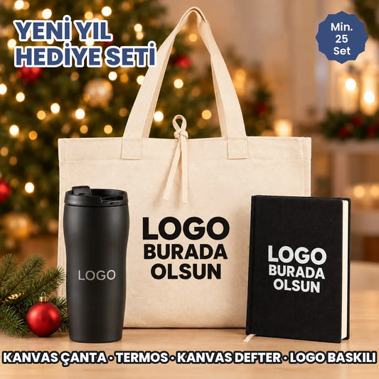 Yeni yıl hediye seti: logonuzun basılacağı kumaş çanta, termos ve kanvas defter yılbaşı masasında