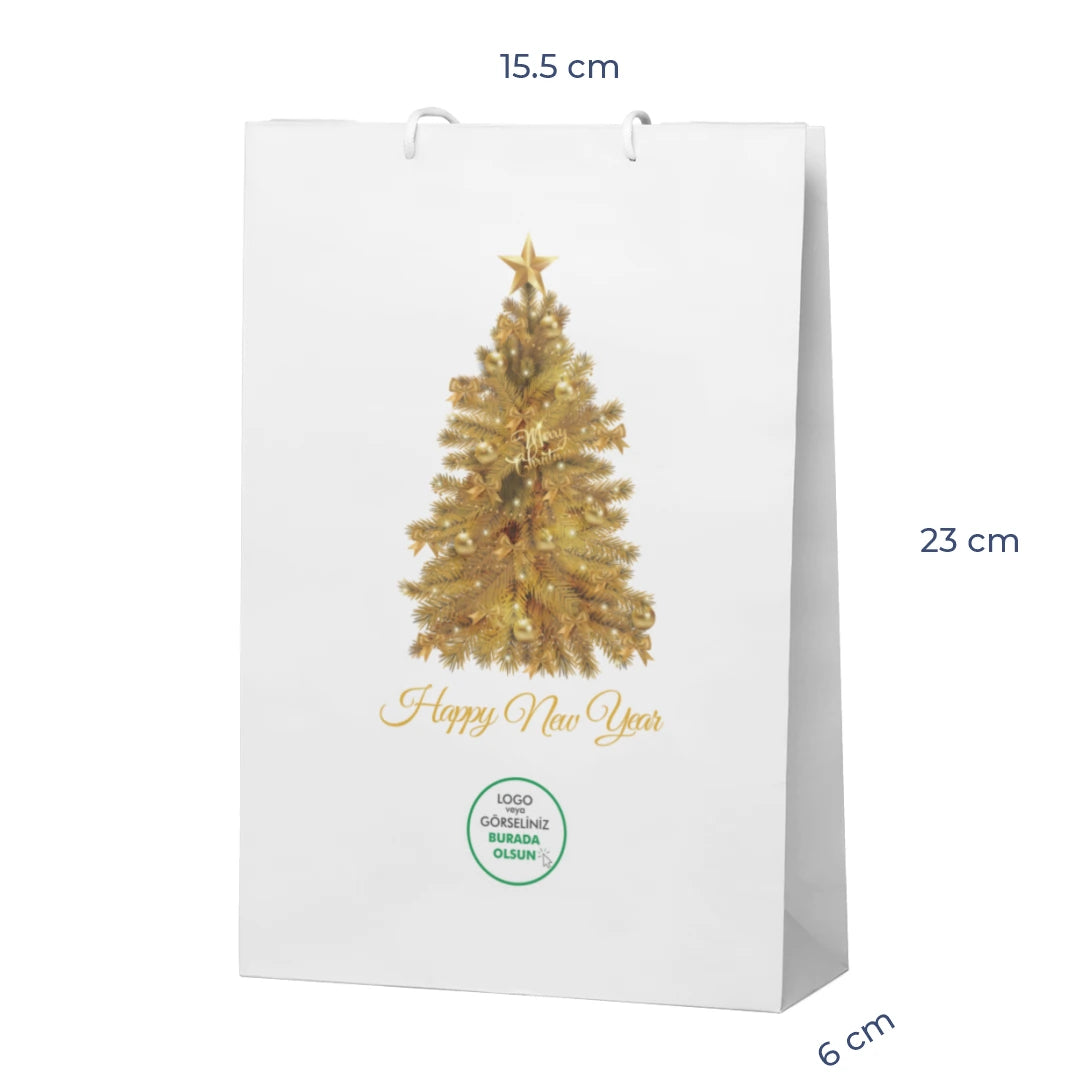 Yılbaşı Beyaz Karton Çanta – 19 Farklı  Tasarım - Özelleştirilebilir - 15.5x23x6.5 cm