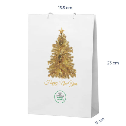 Yılbaşı Beyaz Karton Çanta – 19 Farklı  Tasarım - Özelleştirilebilir - 15.5x23x6.5 cm
