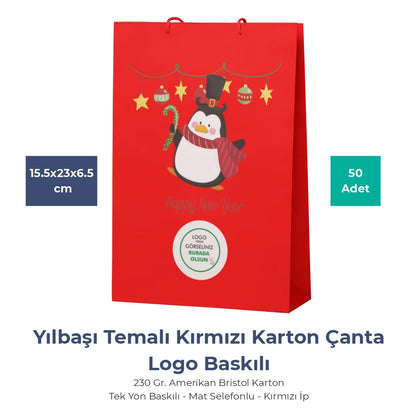 Yılbaşı Kırmızı Karton Çanta – 19 Farklı  Tasarım - Özelleştirilebilir - 15.5x23x6.5 cm