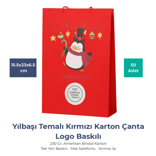 Yılbaşı Kırmızı Karton Çanta – 19 Farklı  Tasarım - Özelleştirilebilir - 15.5x23x6.5 cm