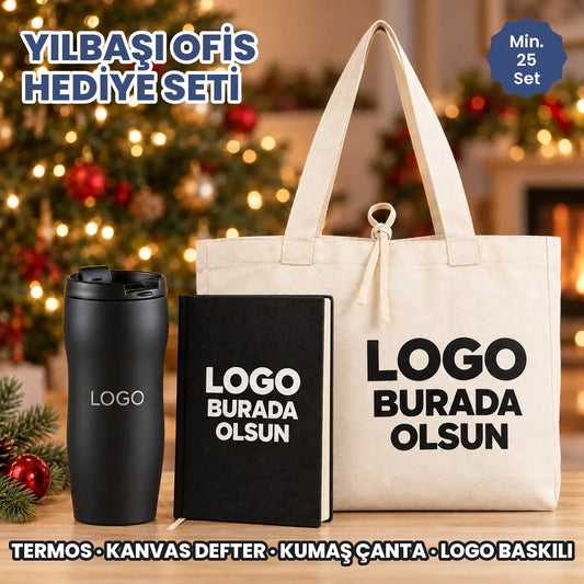 Yılbaşı ofis hediye seti: logonuzun basılacağı termos, kanvas defter ve kumaş çanta yılbaşı masasında