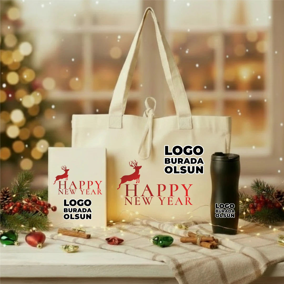 Yılbaşı Ofis Hediye Seti – Logolu Termos, Kanvas Defter &  Bez Çanta