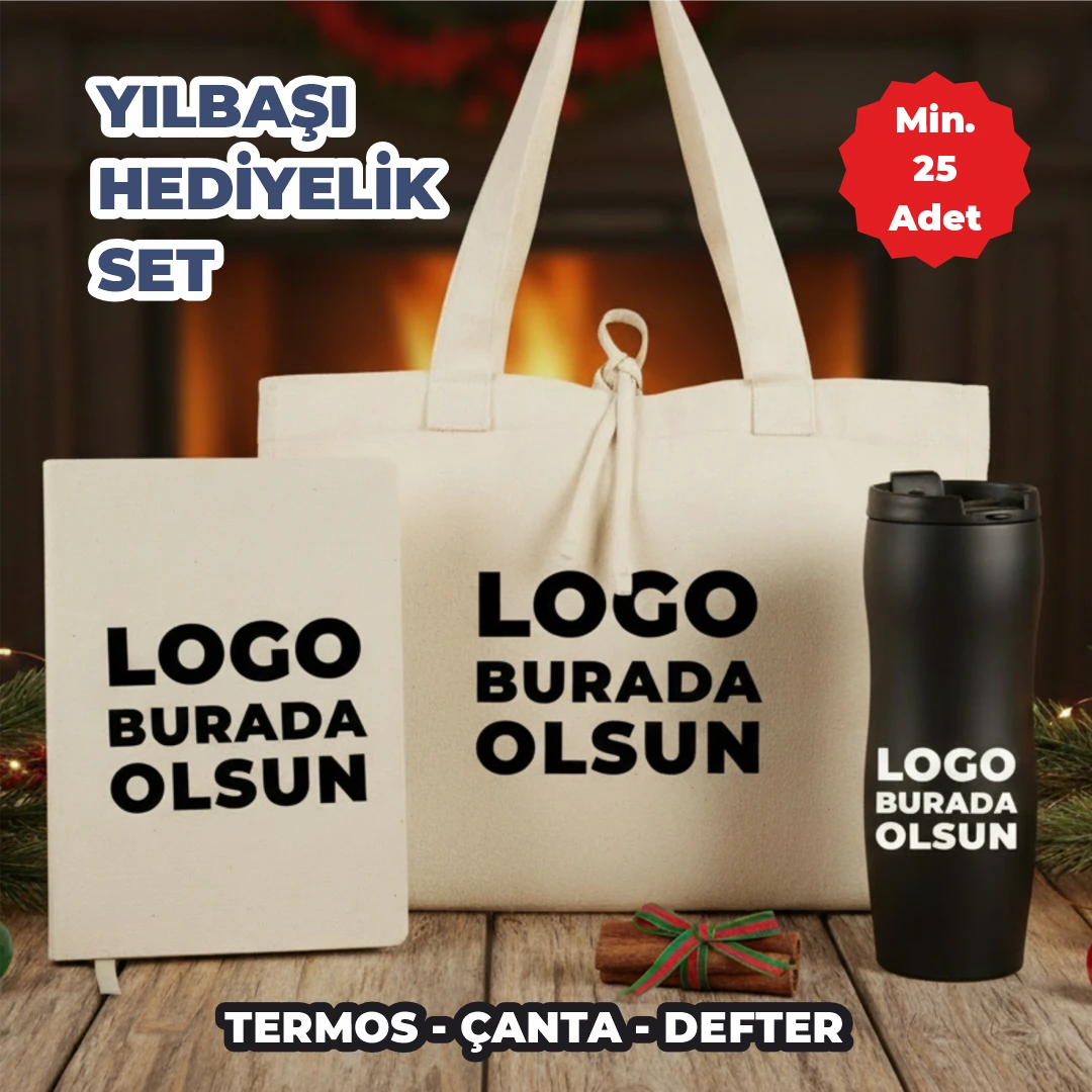 Yılbaşı Ofis Hediye Seti – Logolu Termos, Kanvas Defter &  Bez Çanta