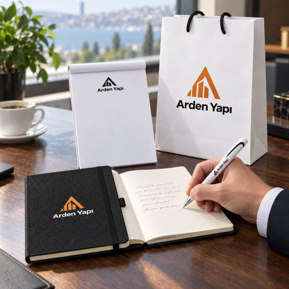 Yönetici promosyon seti: yönetici masasında logo baskılı termo deri deftere not alınıyor, yanında karton çanta ve bloknot