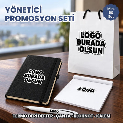 Yönetici promosyon seti: logonuzun basılacağı alanları gösteren örnek görsel, logo burada olsun