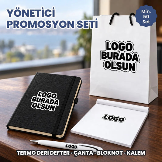 Yönetici promosyon seti: logonuzun basılacağı alanları gösteren örnek görsel, logo burada olsun