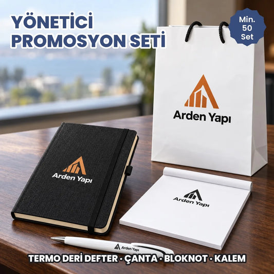Yönetici promosyon seti: logo baskılı termo deri defter, tutkallı bloknot, karton çanta ve kalem