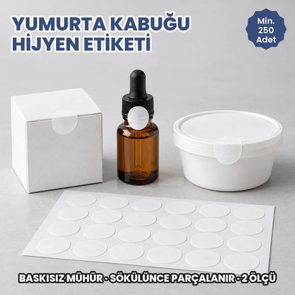 Yumurta kabuğu hijyen etiketi: kutu, şişe ve kabı mühürleyen baskısız beyaz yuvarlak etiketler ve tabaka