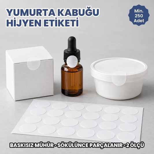 Yumurta kabuğu hijyen etiketi: kutu, şişe ve kabı mühürleyen baskısız beyaz yuvarlak etiketler ve tabaka