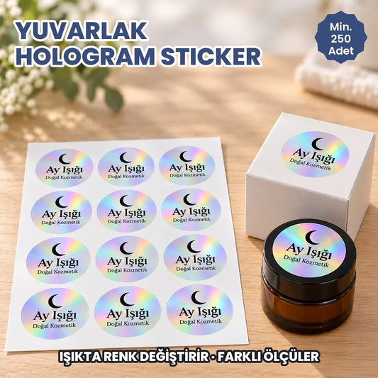 Yuvarlak hologram sticker baskı: ışıkta renk değiştiren hologram etiketler tabakada, kozmetik kutusu ve kavanozda