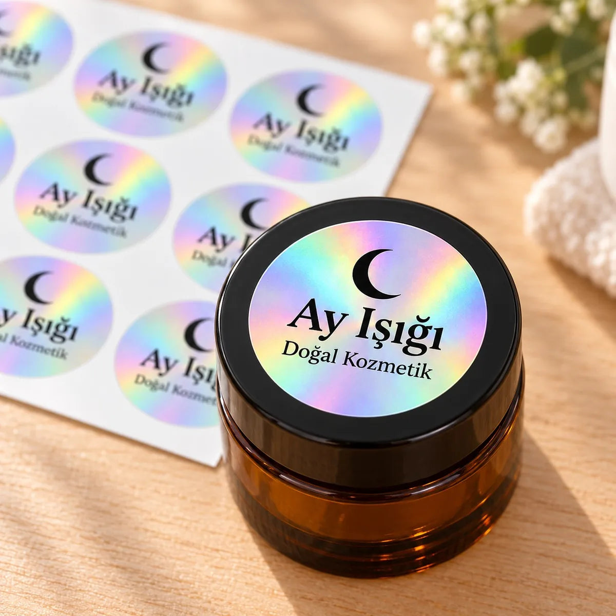 Yuvarlak hologram sticker yakın plan: ışıkta renk değiştiren yüzey ve net siyah baskı