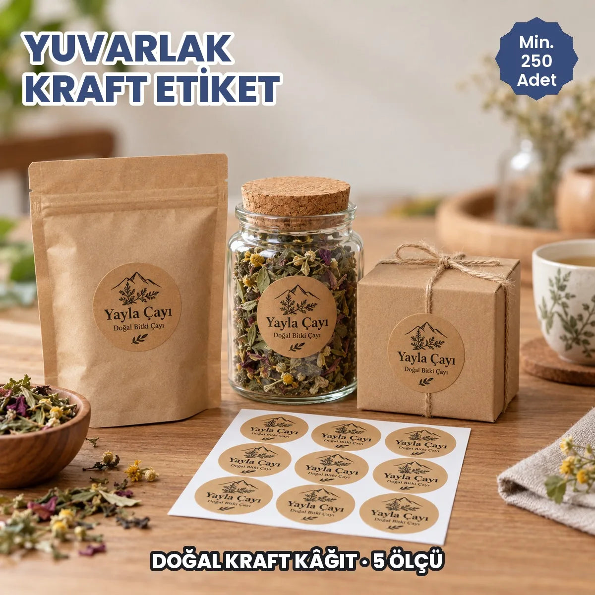 Yuvarlak kraft etiket örneği: bitki çayı paketinde ve kavanozunda koyu baskılı doğal kraft yuvarlak etiket