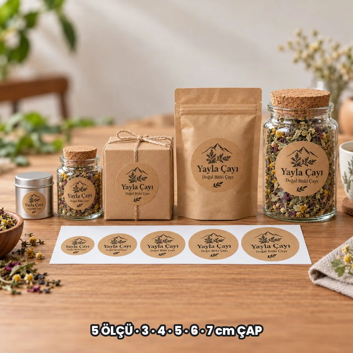 Yuvarlak kraft etiket ölçüleri: 3, 4, 5, 6 ve 7 cm çap beş farklı üründe