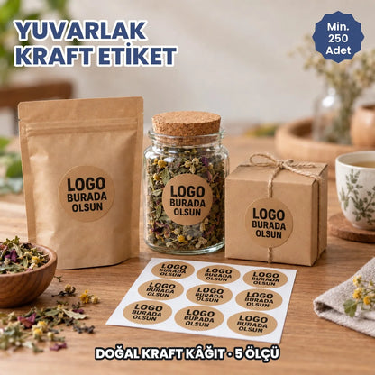 Yuvarlak kraft etiket: logonuzun basılacağı doğal kraft yuvarlak etiketler çay paketinde, kavanozda ve tabakada