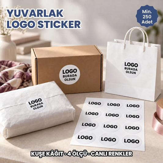 Yuvarlak logo sticker: logonuzun basılacağı kuşe yuvarlak etiketler kargo kutusunda, kâğıt çantada ve tabakada