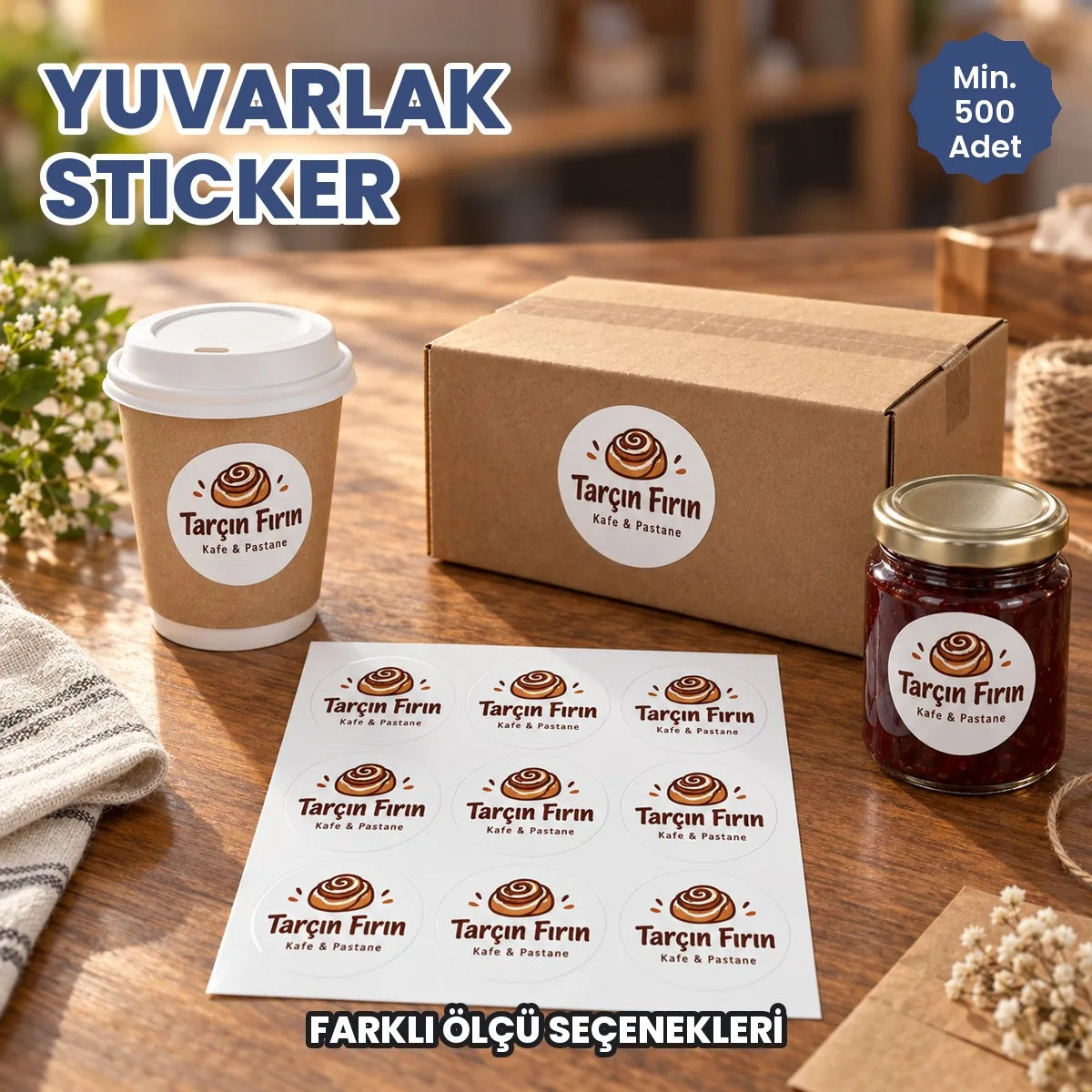 Yuvarlak sticker baskı: kuşe kâğıt yuvarlak logo etiketleri tabakada, kargo kutusu, kahve bardağı ve kavanozda