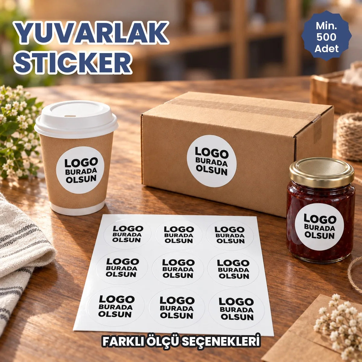Yuvarlak sticker baskı: logonuzun basılacağı kuşe yuvarlak etiketler tabakada, kargo kutusu, kahve bardağı ve kavanozda