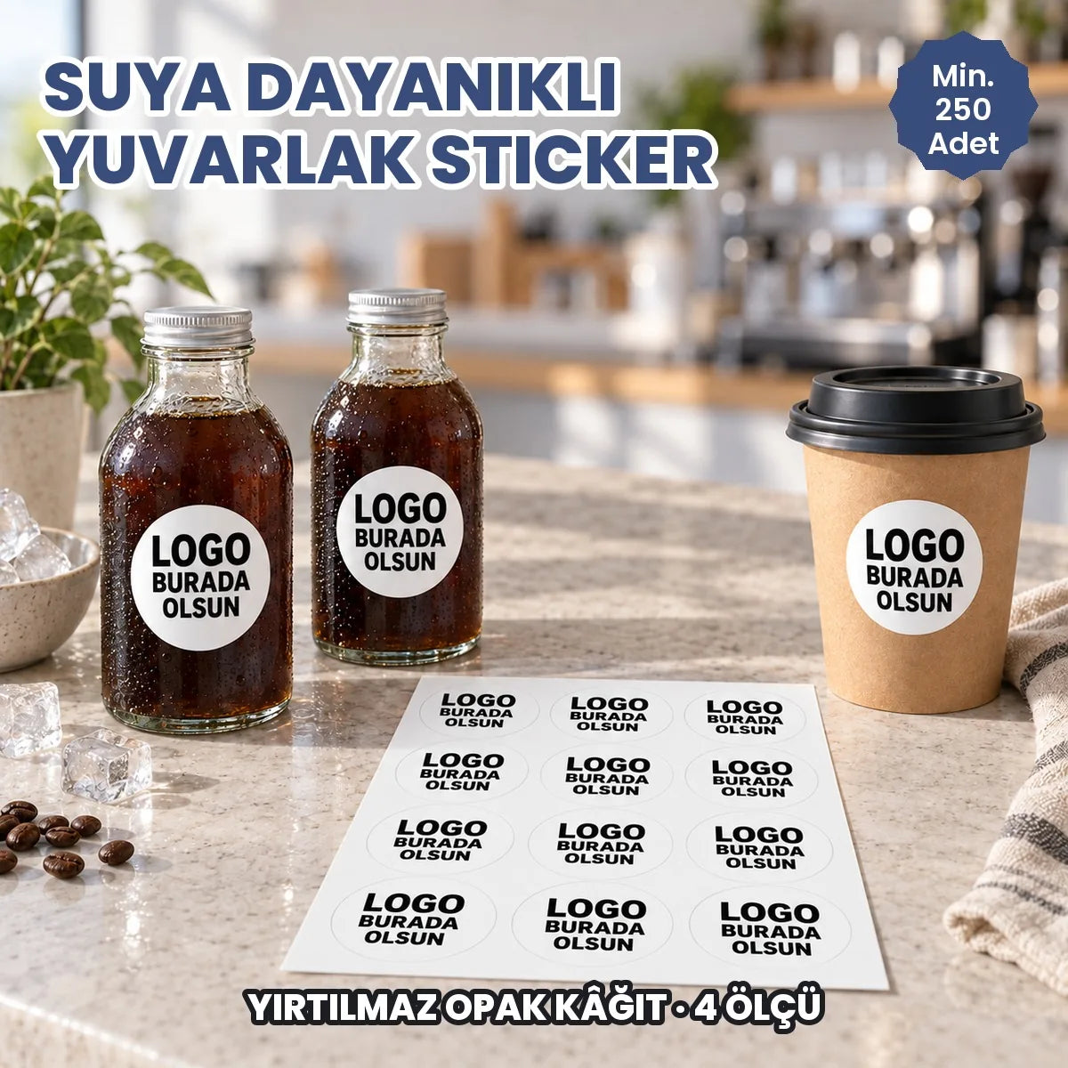 Suya dayanıklı yuvarlak sticker: logonuzun basılacağı yuvarlak etiketler buğulu şişelerde, bardakta ve tabakada