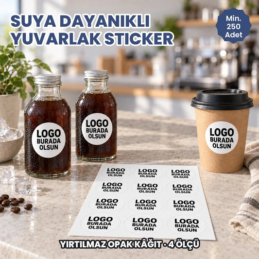Suya dayanıklı yuvarlak sticker: logonuzun basılacağı yuvarlak etiketler buğulu şişelerde, bardakta ve tabakada